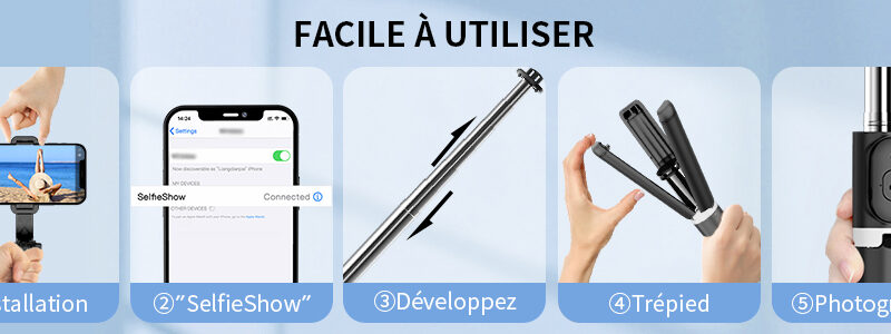 Perche Selfie, 360° Rotation avec Télécommande Amovible & Support Stable